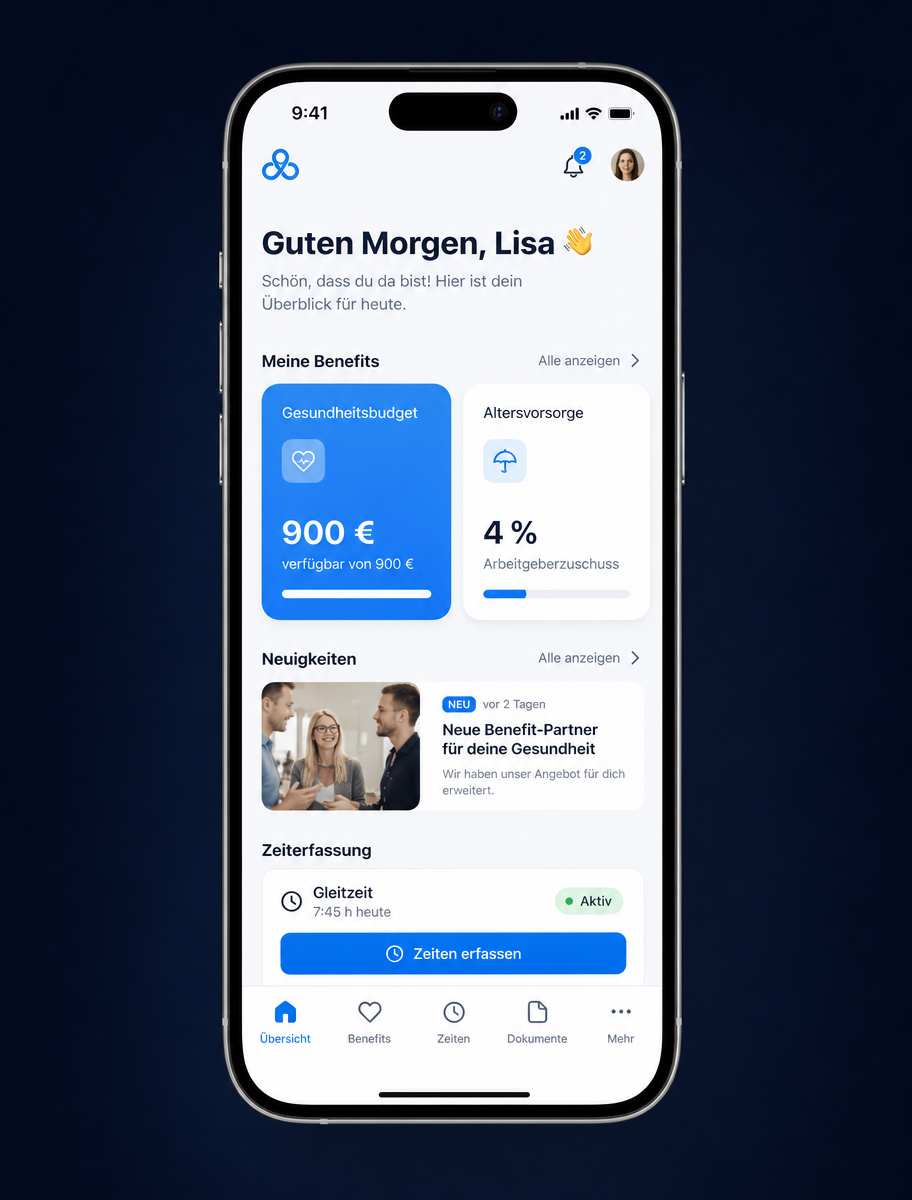Startbildschirm der Makemore Mitarbeitenden-App