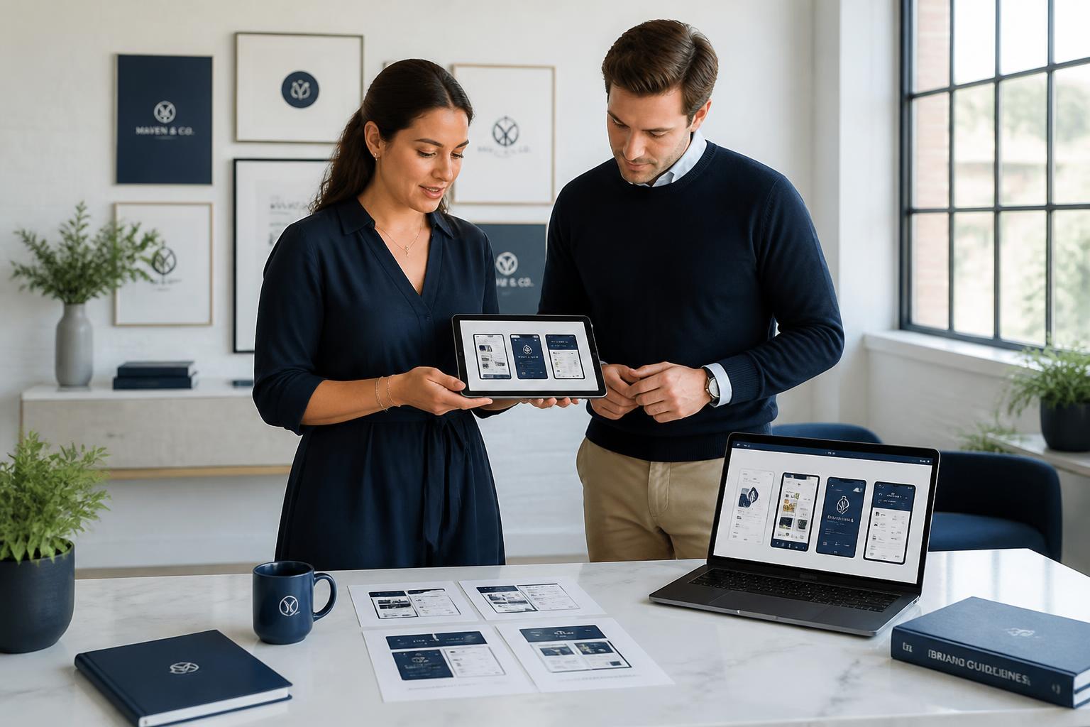 Farbfächer, Styleguide und Smartphone auf einem Designer-Schreibtisch
