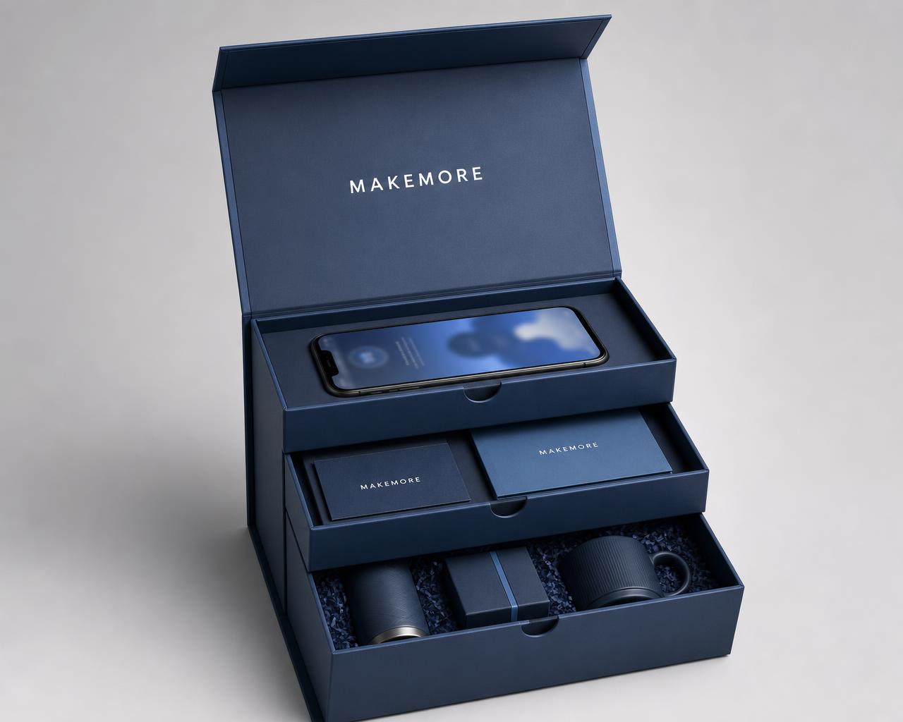 Geöffnete Makemore Box mit drei Ebenen: Smartphone, Benefit-Karten und Goodies