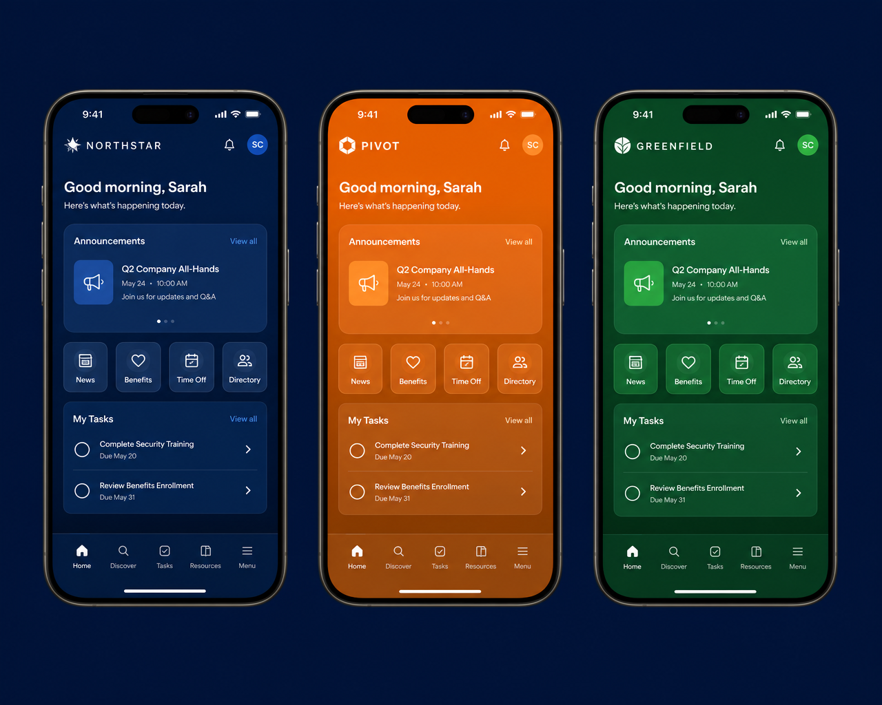 Dieselbe App in drei unterschiedlichen Unternehmensfarben