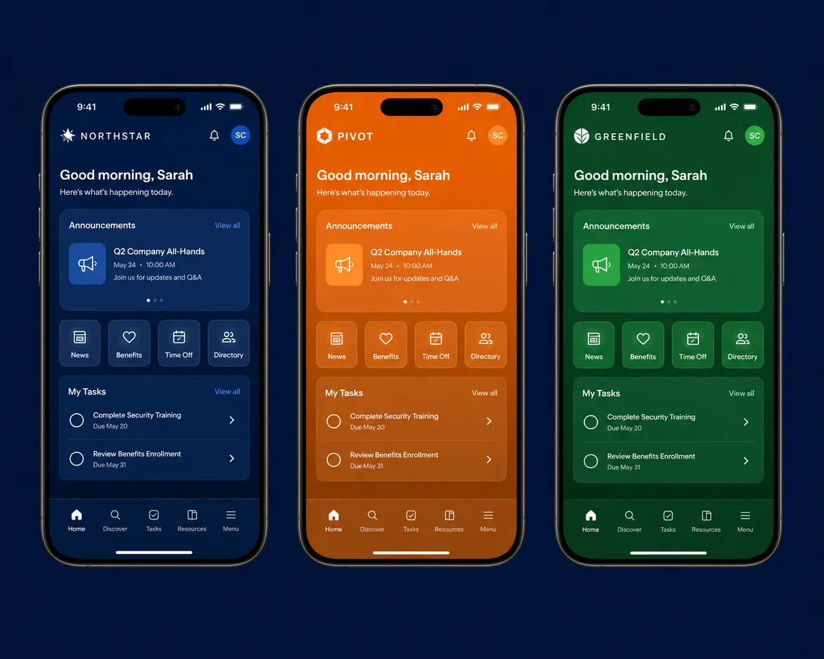 Dieselbe App in drei unterschiedlichen Unternehmensfarben