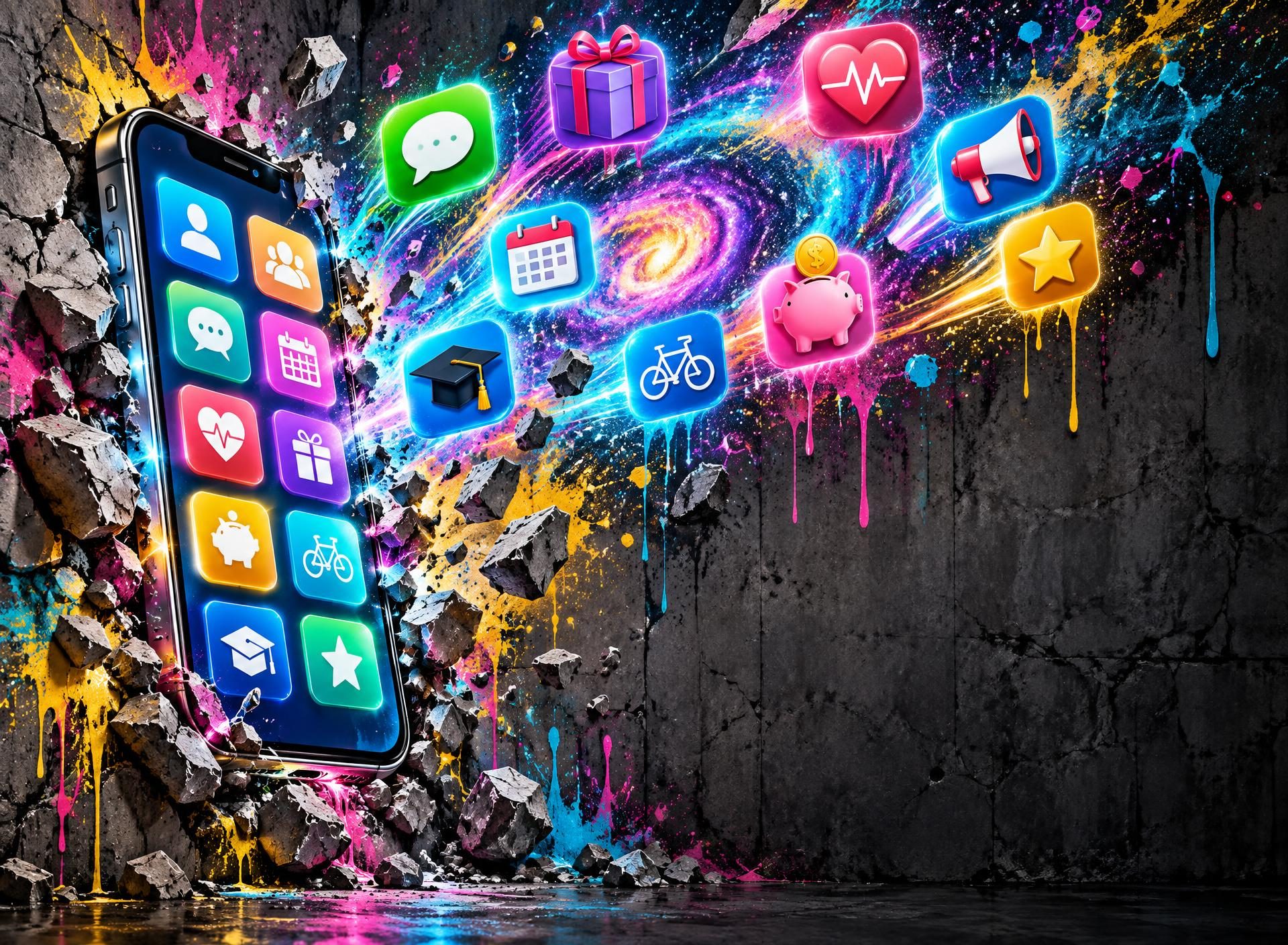 Smartphone bricht aus der Wand, App-Symbole fliegen heraus